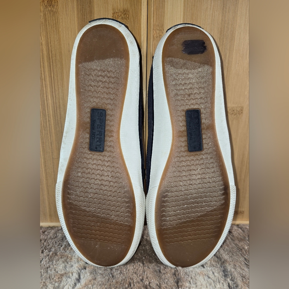 Sperry Top Slider Navy White Trim Tan Lace Boat Shoe sz 6.5 - Picture 4 of 4